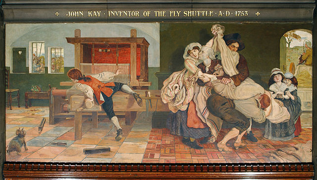 John Kay, inventor of the Fly Shuttle, is fleeing rioters breaking in to smash the loom. People do not take threats to their livelihoods sitting down. Painting by Ford Maddox Brown in the Manchester Town Hall. Source: Wikipedia