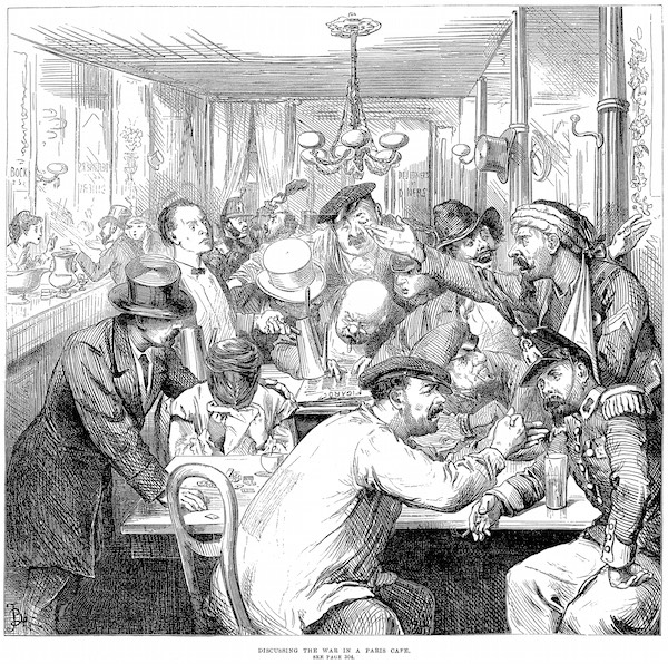 Discussing the War in a Paris Café by Fred Barnard appeard in Illustrated London News on 17 September 1870. Source: Wikipedia